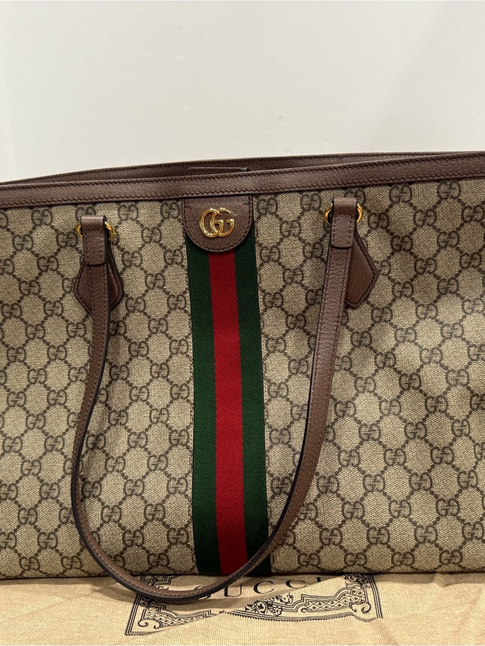 Gucci Ophedia Beige GG Supreme Canvas Tote with Brown Trim and Green-Red Web